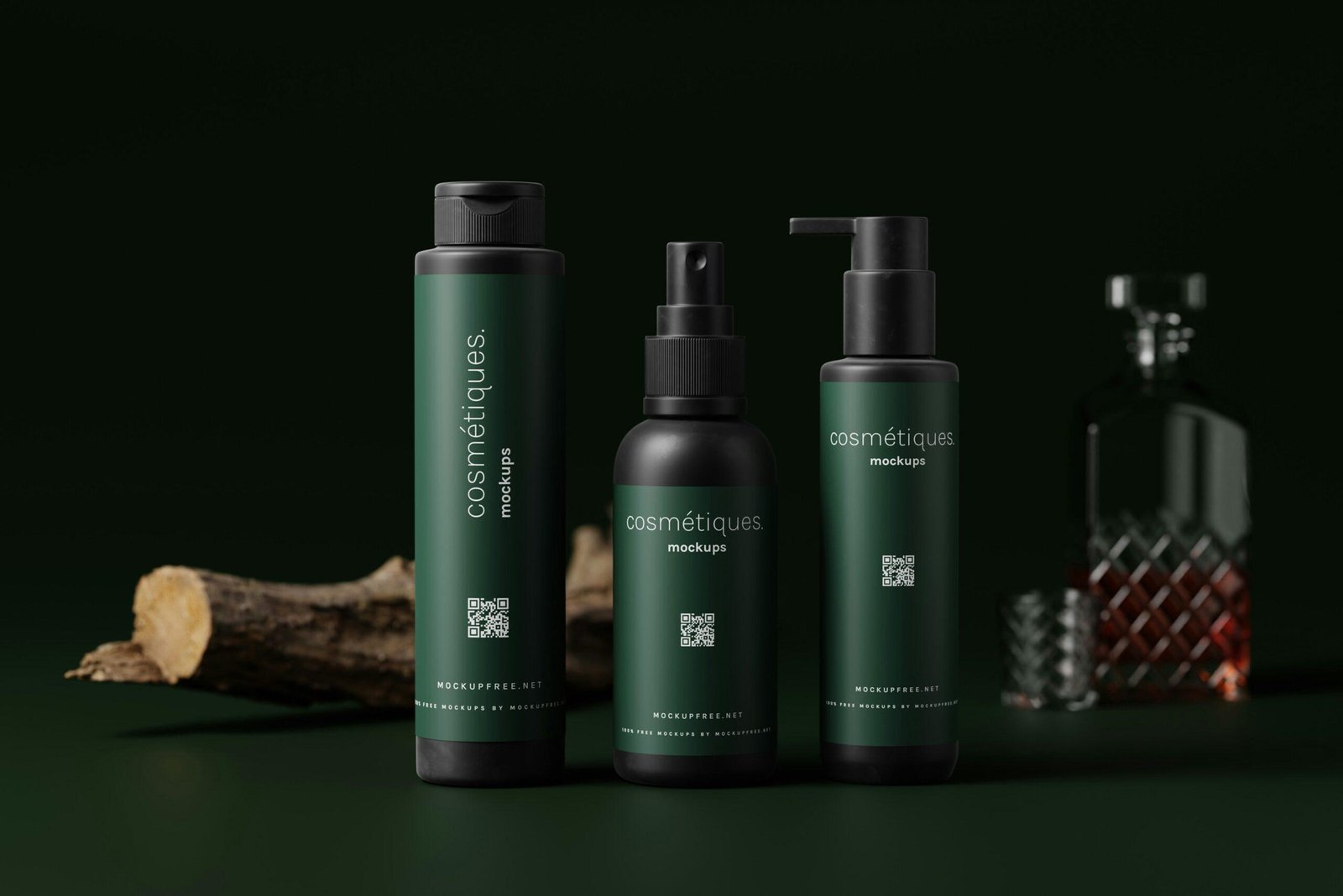 Bottle of olive oil placed on a wooden table surrounded by fresh olives