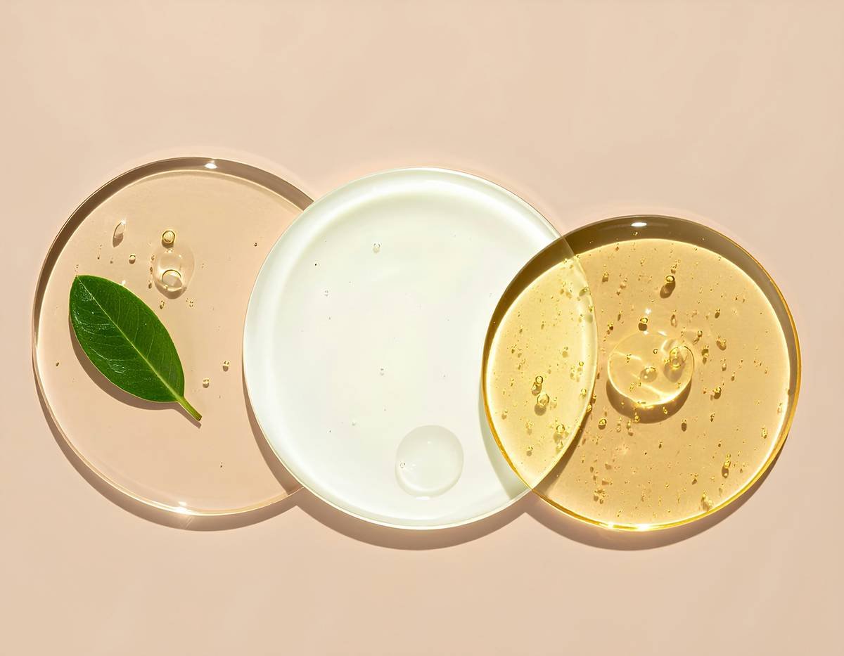 Step-by-step imagery of a skincare routine, highlighting the use of organic pistachio oil.